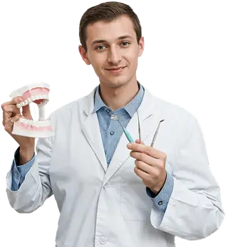 Laasya Dental doctor holding a dental model and instruments